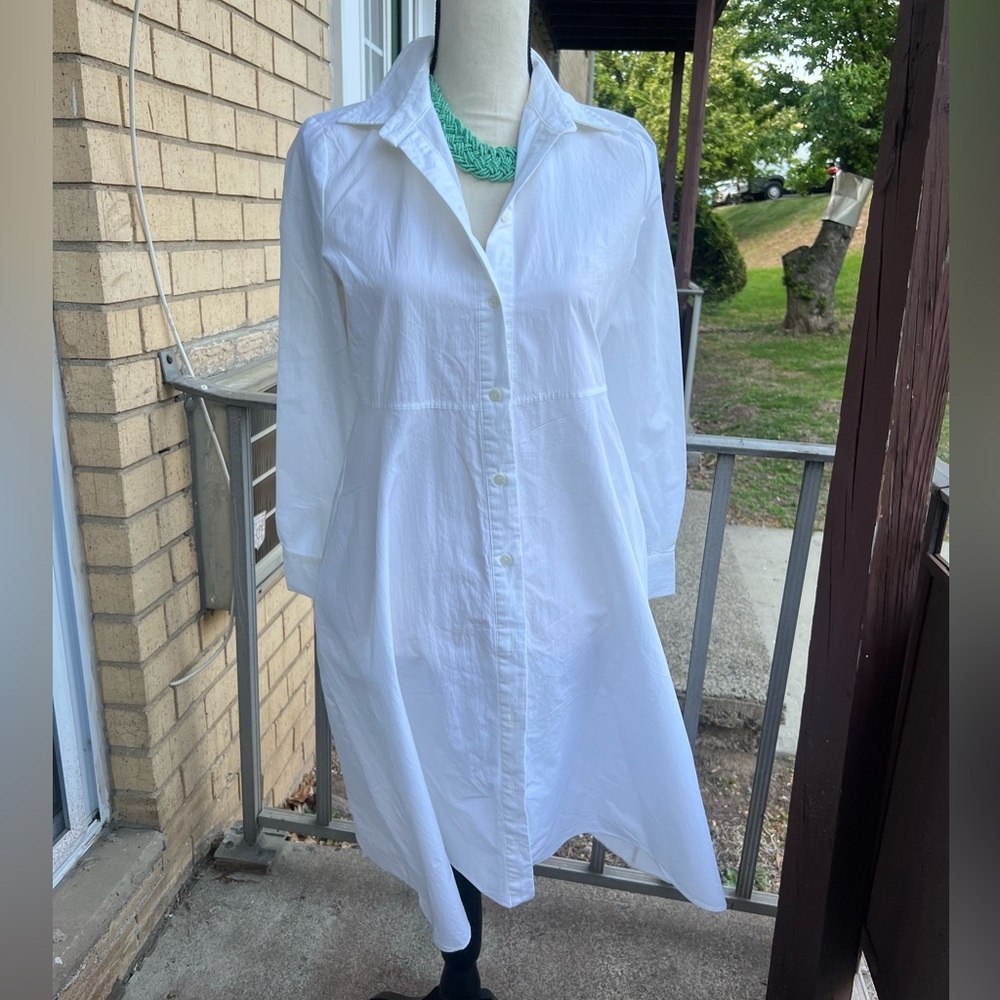 Ami White Long Sleeve Notched Collar Shirt Dress